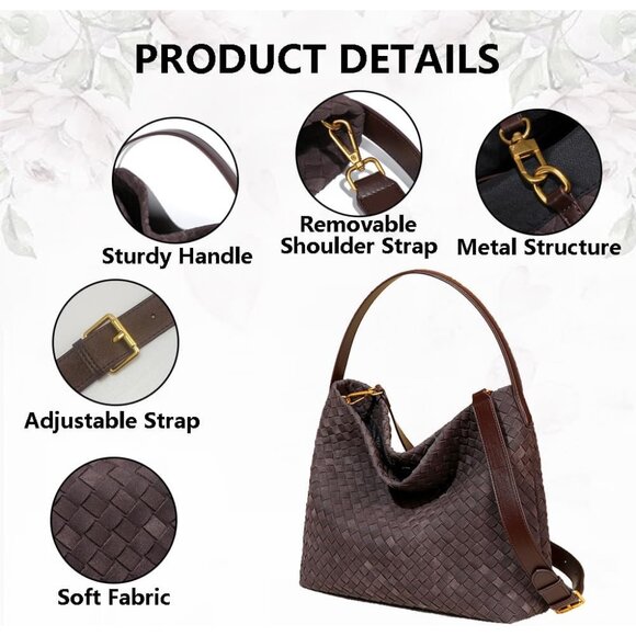 Women’s Faux Suede Hobo Tote Bag Large Brown Travel Crossbody Purse - Picture 4 of 6